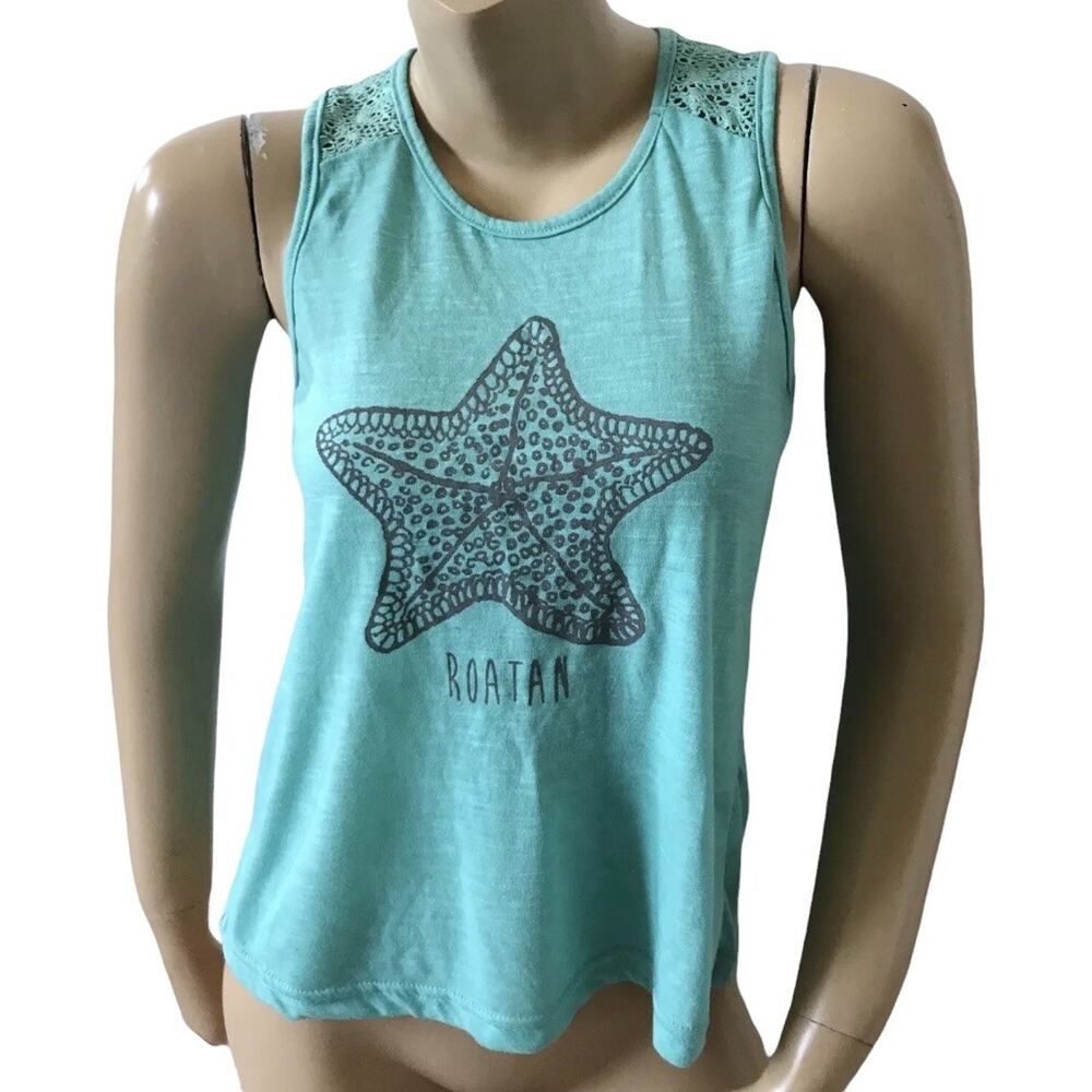 Lagaci Tank Top Womens Medium Teal Starfish Graphic Open Back Crochet Sleeveless